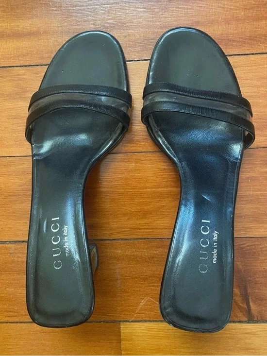 Auth Gucci black Leather Clear Mules block heel lucite vintage sandal 7.5 - Picture 6 of 8
